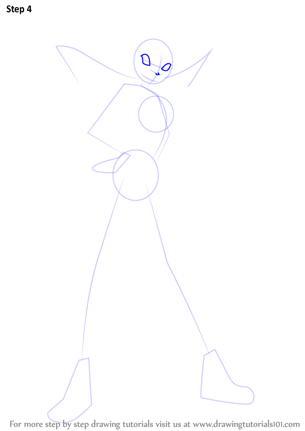 Step 4 of cartoon character drawing tutorial showing basic shapes and outlines.