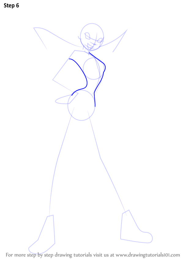 Step 6 of drawing a stylized character with a confident pose.