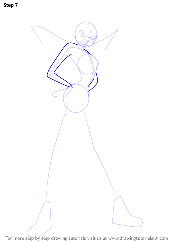 Step-by-step guide to drawing a stylized female character in a dynamic pose with wings and boots.