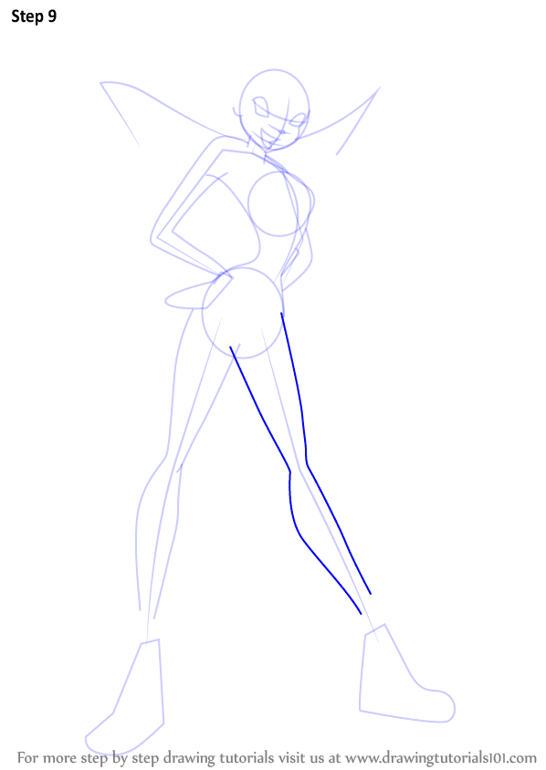 Step 9 of drawing a fairy character, focusing on outlining the legs and enhancing the figure's pose.
