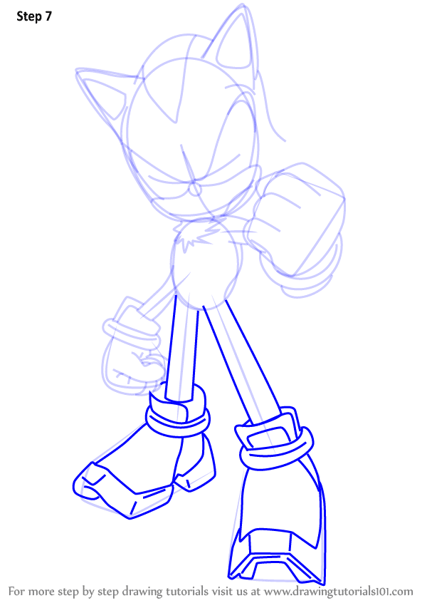 Step 7 of drawing a cartoon hedgehog character with fists raised, showcasing detailed outline.