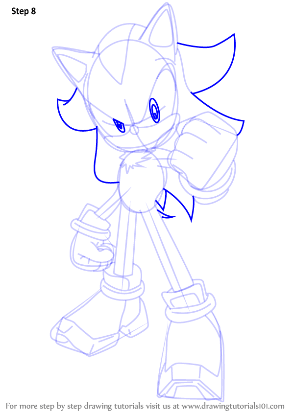 Blue outline sketch of an anthropomorphic character in a dynamic pose, with a focus on fists and shoes.