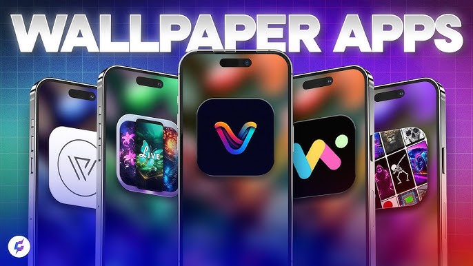 Smartphones showcasing various wallpaper apps with vibrant icons and a WALLPAPER APPS text above.
