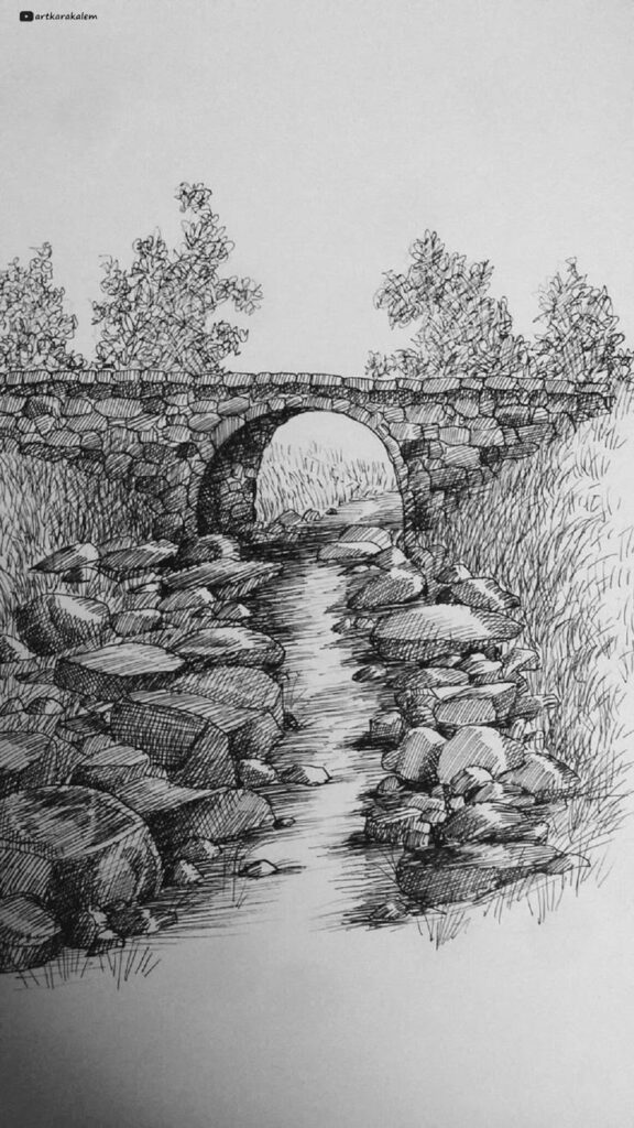 Sketch of a stone bridge over rocky stream with trees, showcasing detailed ink drawing technique.