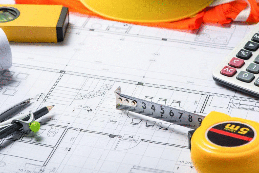 image Architectural blueprint with measuring tape, compass, and calculator on a desk. | Sky Rye Design Architectural blueprint with measuring tape, compass, and calculator on a desk.