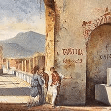image Ancient Pompeii scene with people near a wall, showcasing Roman architecture, graffiti, and distant mountains in a historical setting. | Sky Rye Design Ancient Pompeii scene with people near a wall, showcasing Roman architecture, graffiti, and distant mountains in a historical setting.