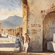 Ancient Pompeii scene with people near a wall, showcasing Roman architecture, graffiti, and distant mountains in a historical setting.