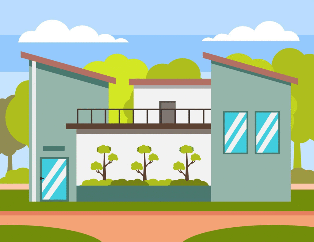 image Modern green house illustration with large windows, sloped roof, and surrounding trees on a sunny day. | Sky Rye Design Modern green house illustration with large windows, sloped roof, and surrounding trees on a sunny day.