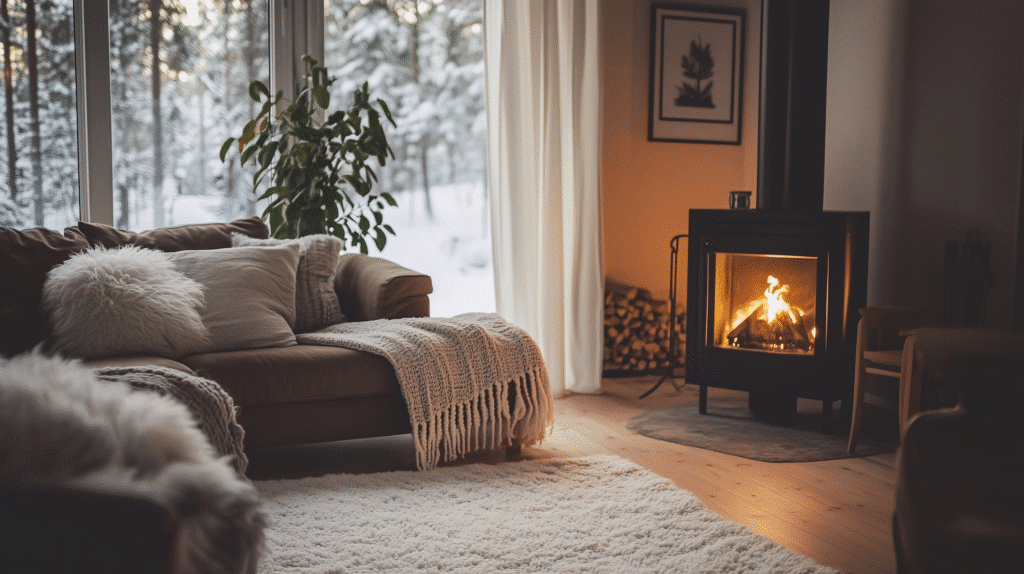 image Cozy living room with a fireplace, fluffy pillows, and snow outside. Warm, inviting interior, perfect for winter relaxation. | Sky Rye Design Cozy living room with a fireplace, fluffy pillows, and snow outside. Warm, inviting interior, perfect for winter relaxation.