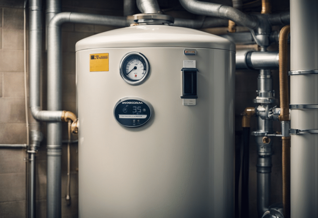 Modern water heater in a utility room, displaying a temperature of 35 degrees Celsius.