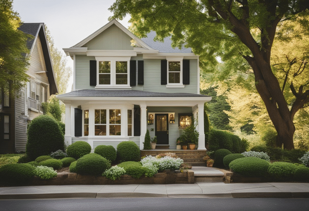 Charming two-story house with a lush, well-manicured garden and large trees in a serene neighborhood setting.