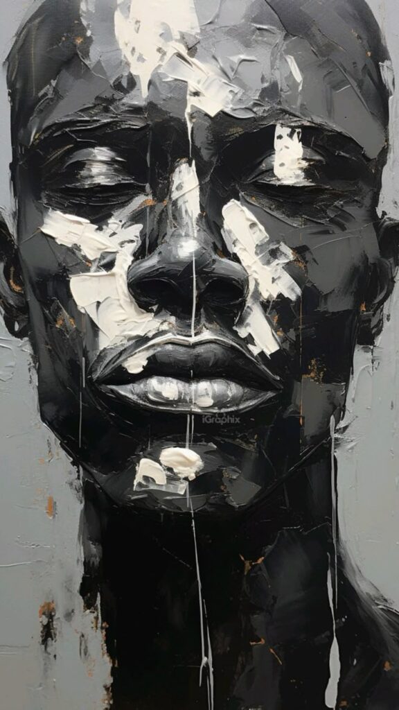 Abstract black and white portrait painting with textured brush strokes and expressive facial features.