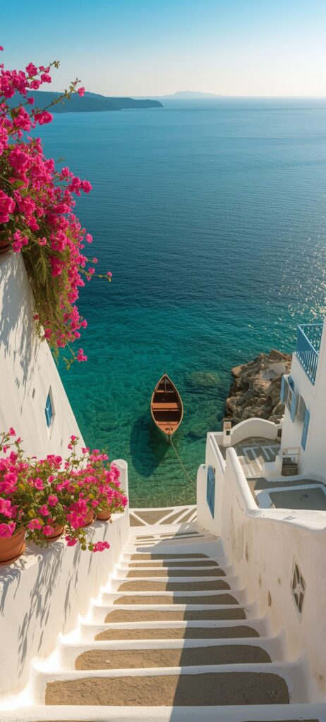 Santorini white steps and pink bougainvillea leading to a wooden boat on turquoise Mediterranean sea