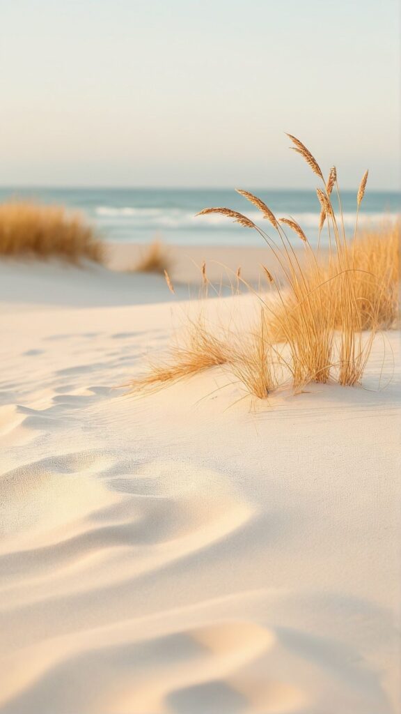 Sea oats on golden coastal dunes with rippled sand and calm ocean horizon in soft light