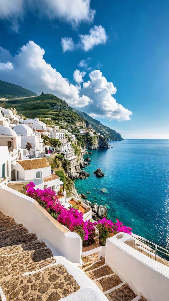 Amalfi Coast cliffside village, white buildings, stone steps, pink bougainvillea and turquoise sea under blue sky