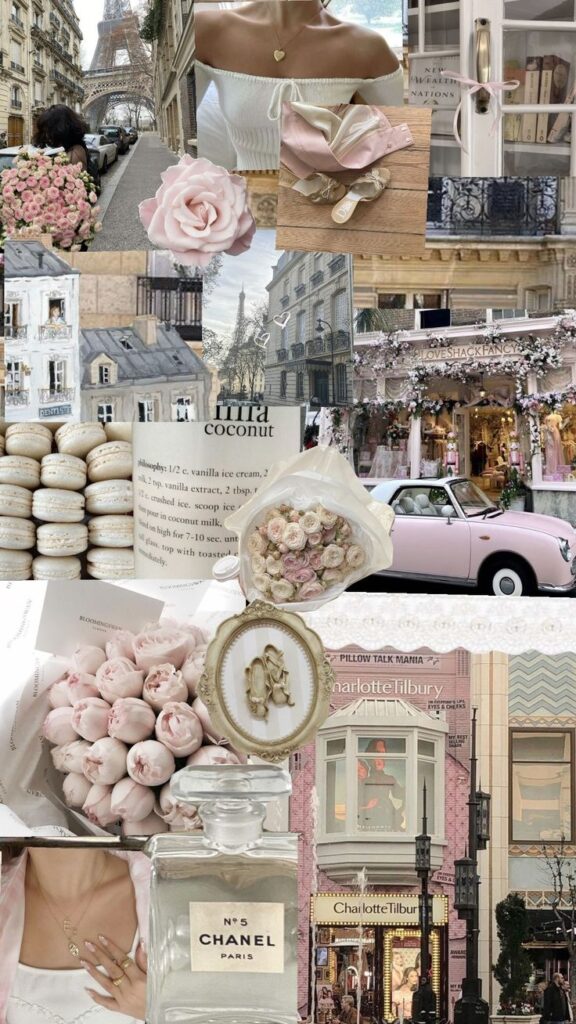 Parisian aesthetic collage with Eiffel Tower, roses, fashion, and luxury elements in soft pink and white tones.