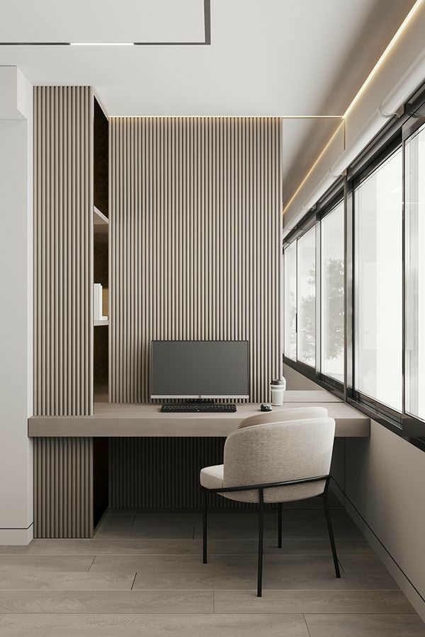 jzzpics Modern minimalist home office with sleek desk, computer, and chair, featuring vertical slat wall and large windows for natural light. | Sky Rye Design Modern minimalist home office with sleek desk, computer, and chair, featuring vertical slat wall and large windows for natural light.
