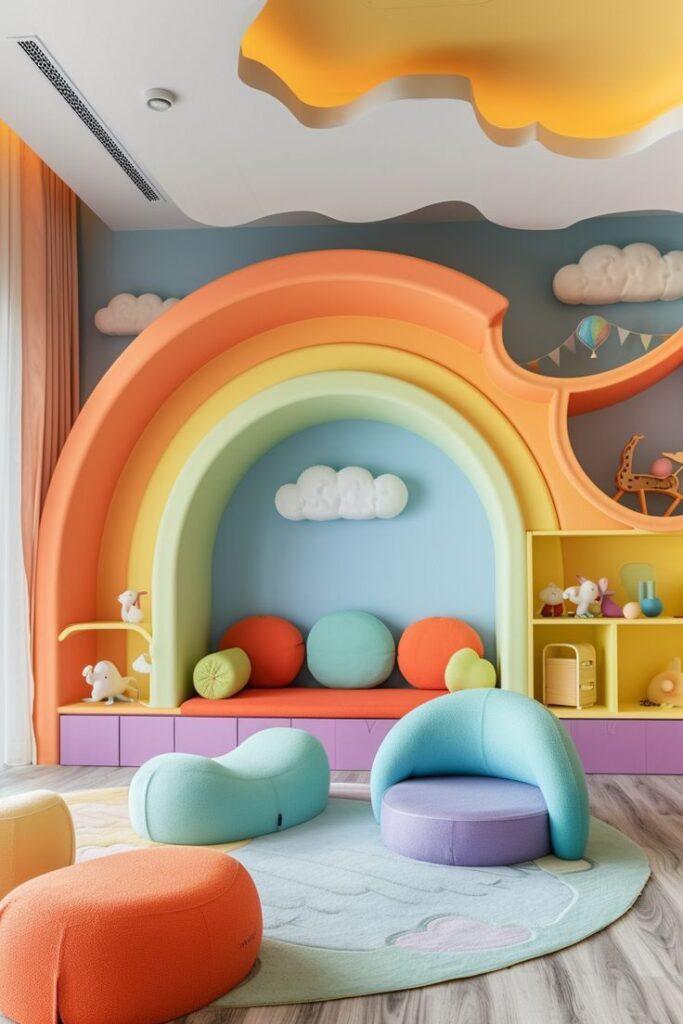 Colorful kids playroom with rainbow wall, round seating, and playful decor accents for a fun and vibrant atmosphere.