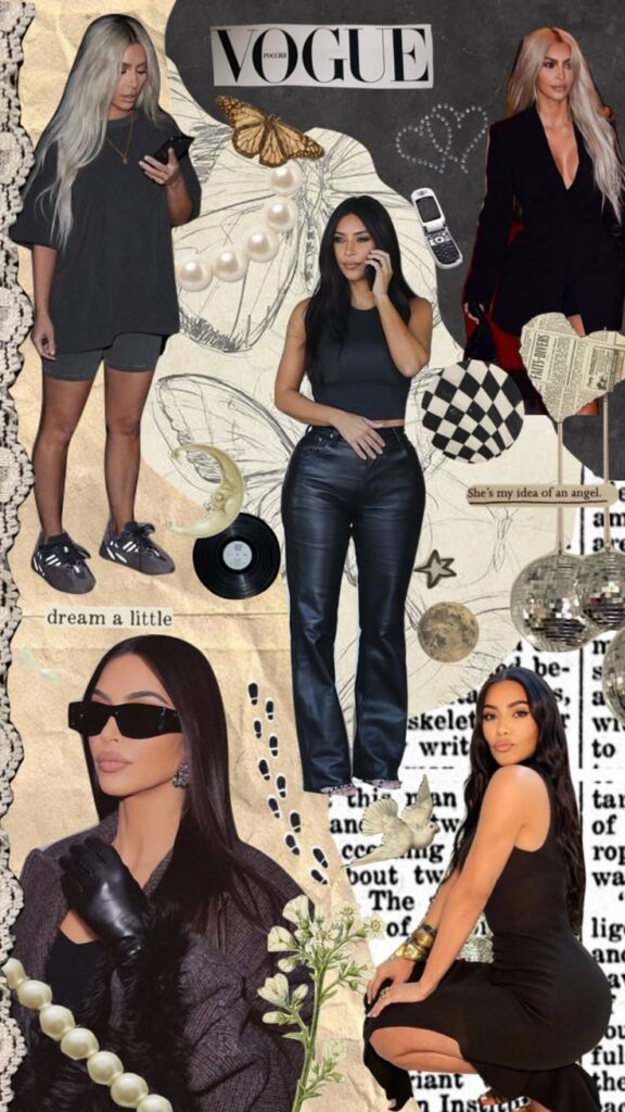 Fashion collage featuring various outfits and accessories, including pearls, vinyl, and a Vogue magazine cover. Girly Wallpapers