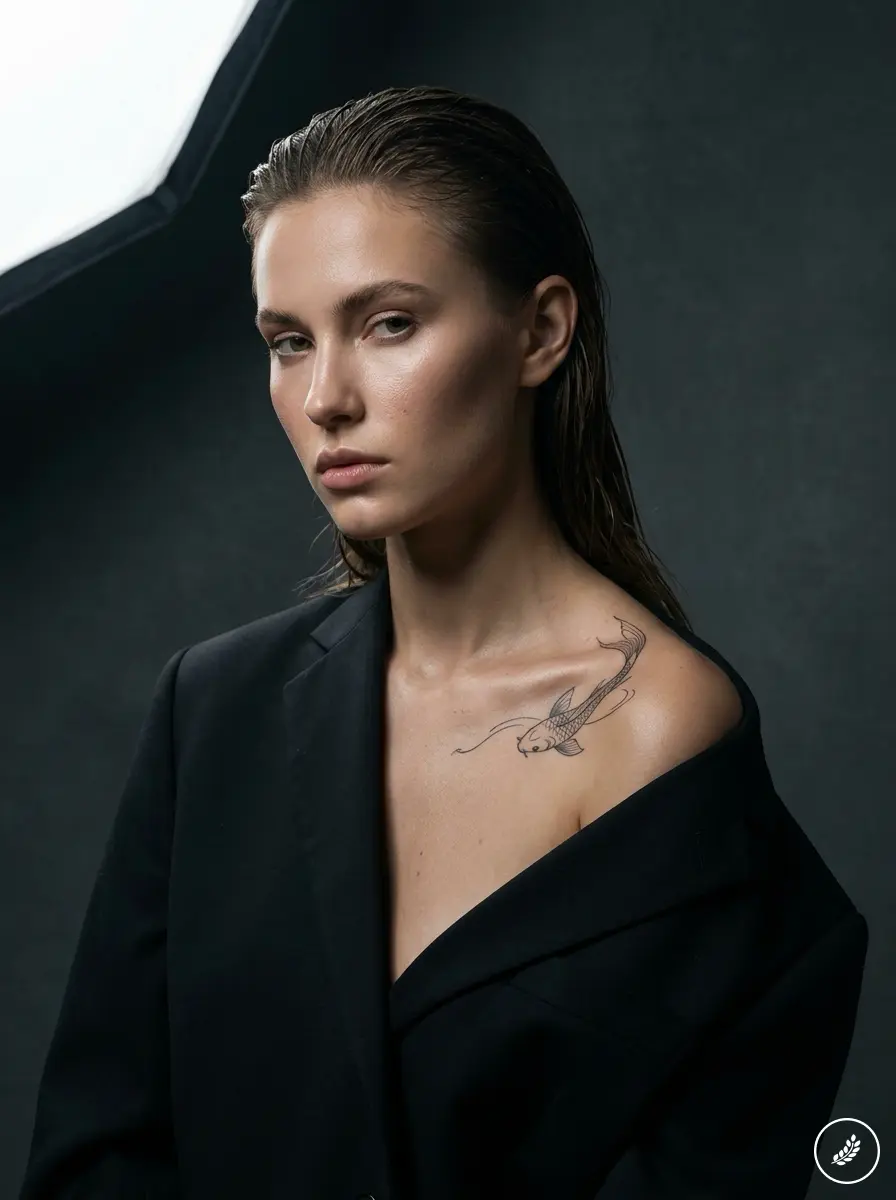 Studio portrait of female model in black blazer with wet hair and delicate koi fish shoulder tattoo