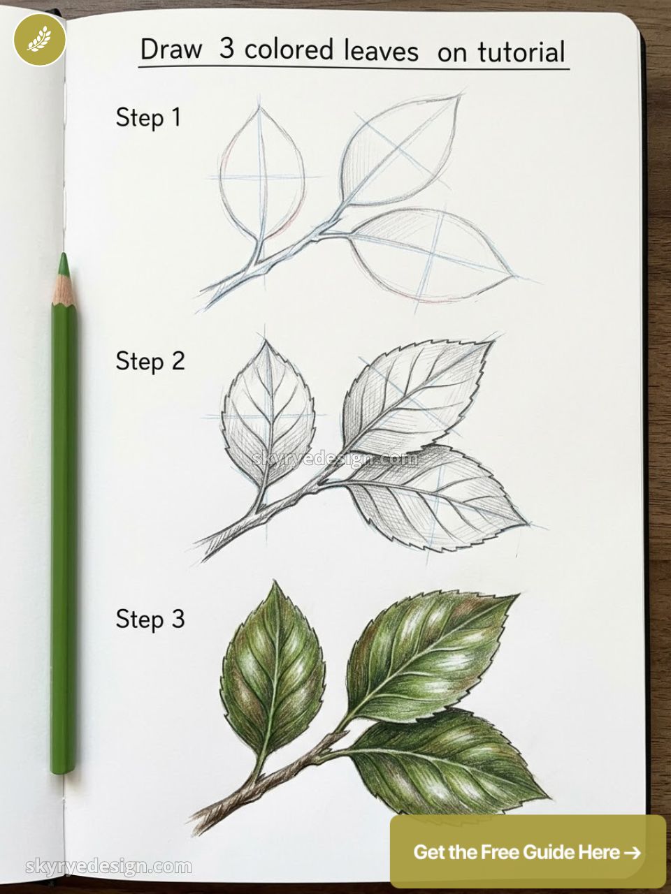Step-by-step colored pencil drawing tutorial: sketch, shading and colored rendering of three green leaves on a branch