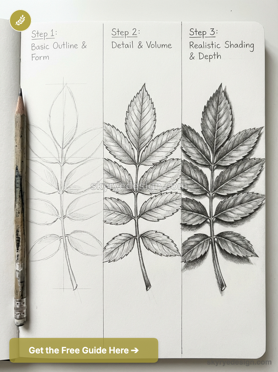 Three-step pencil leaf drawing tutorial showing outline, detailed veins, and realistic shading with pencil on sketchbook