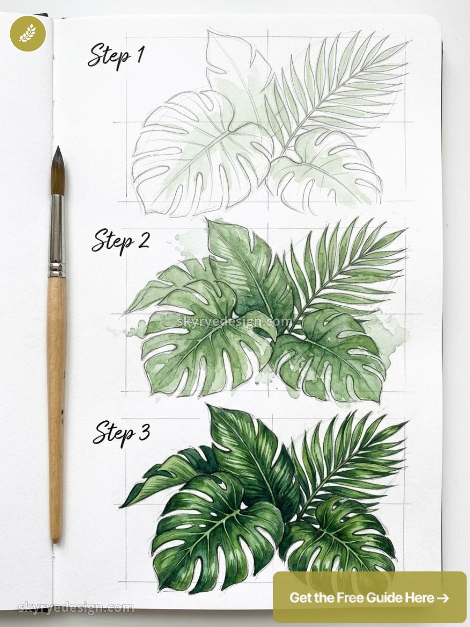Watercolor step-by-step tutorial: tropical monstera and palm leaves in sketchbook with paintbrush