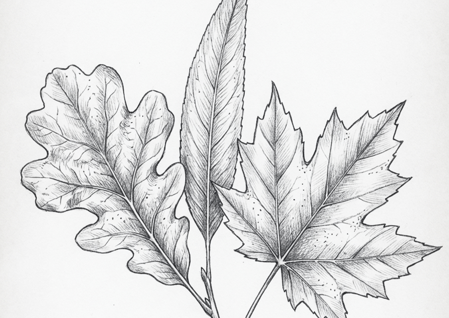 Pencil botanical illustration of three hand-drawn leaves: oak, willow and maple, detailed black-and-white leaf sketch.