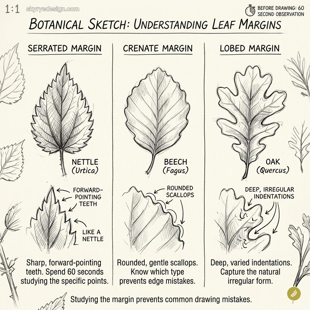 Botanical leaf margin guide sketch: serrated (nettle), crenate (beech), lobed (oak) with drawing tips.