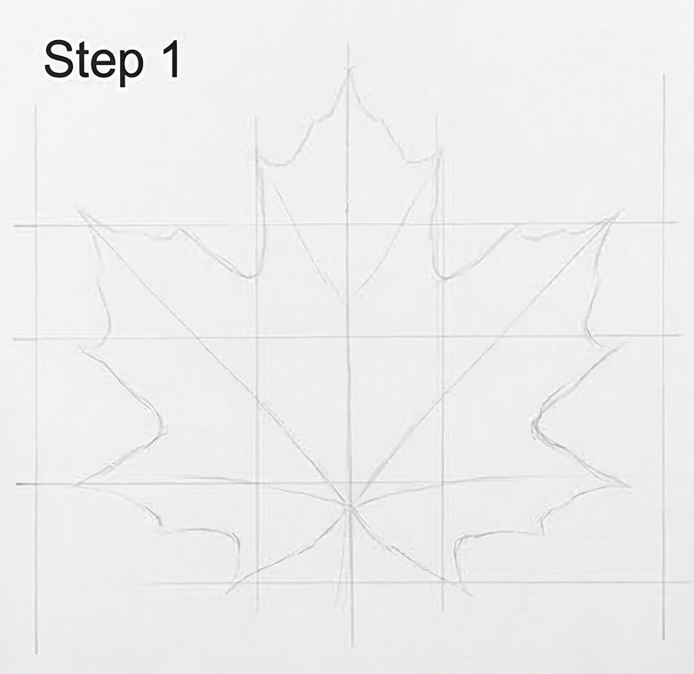 Maple leaf drawing step 1: pencil sketch outline on gridlines for step-by-step tutorial