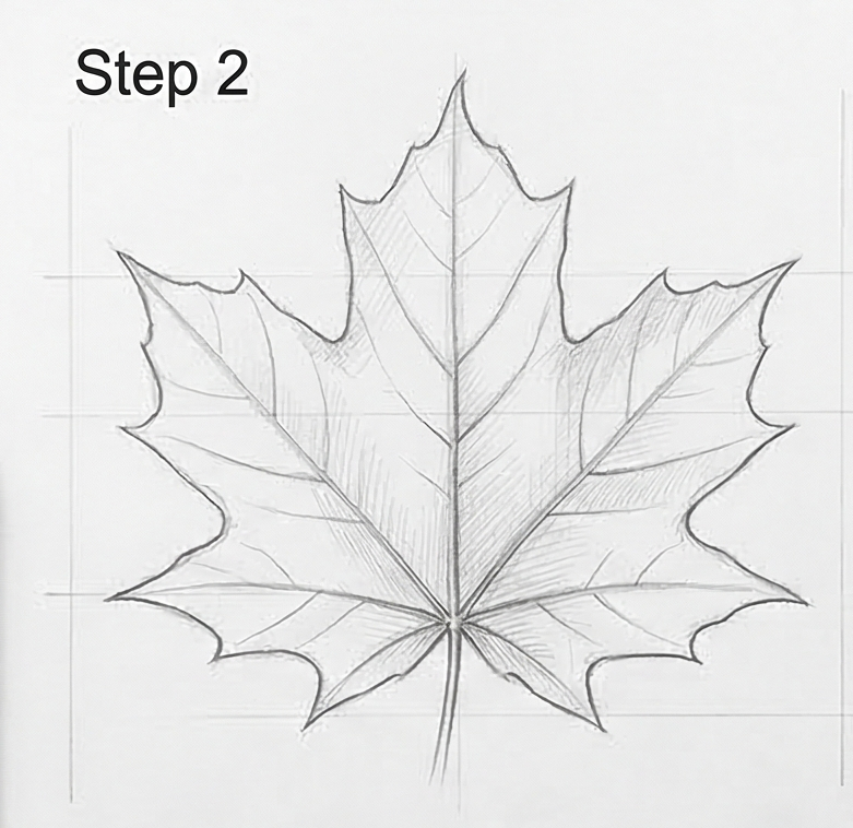 Pencil sketch of maple leaf with visible veins and grid lines, labeled 'Step 2' in a drawing tutorial