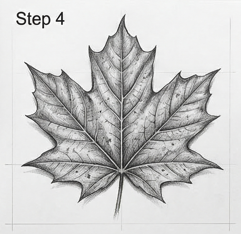 Detailed pencil sketch of a maple leaf with pronounced veins and shading, tutorial Step 4