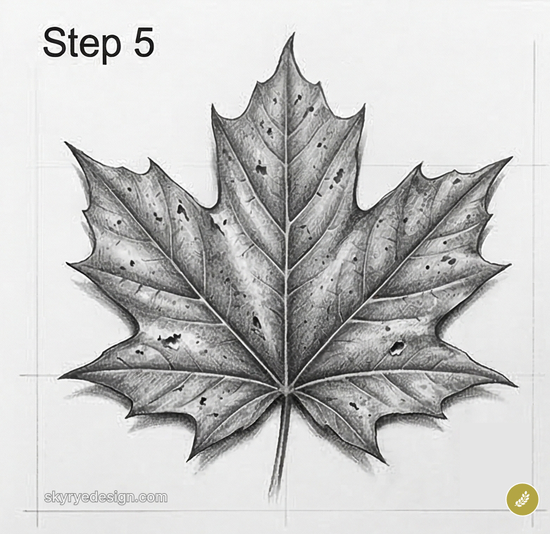 Realistic pencil sketch of a maple leaf with detailed veins, shading and texture (Step 5 drawing tutorial)