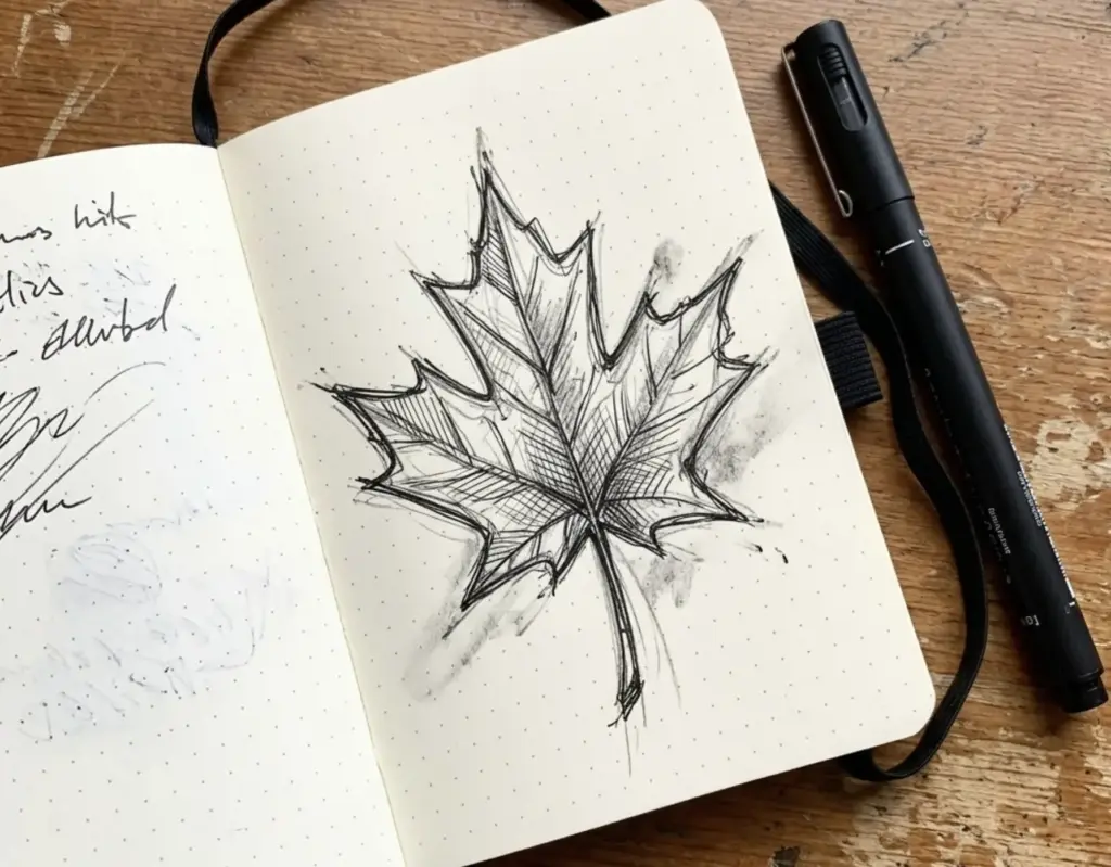 Hand-drawn maple leaf sketch in a dotted sketchbook with black ink pen on a wooden table