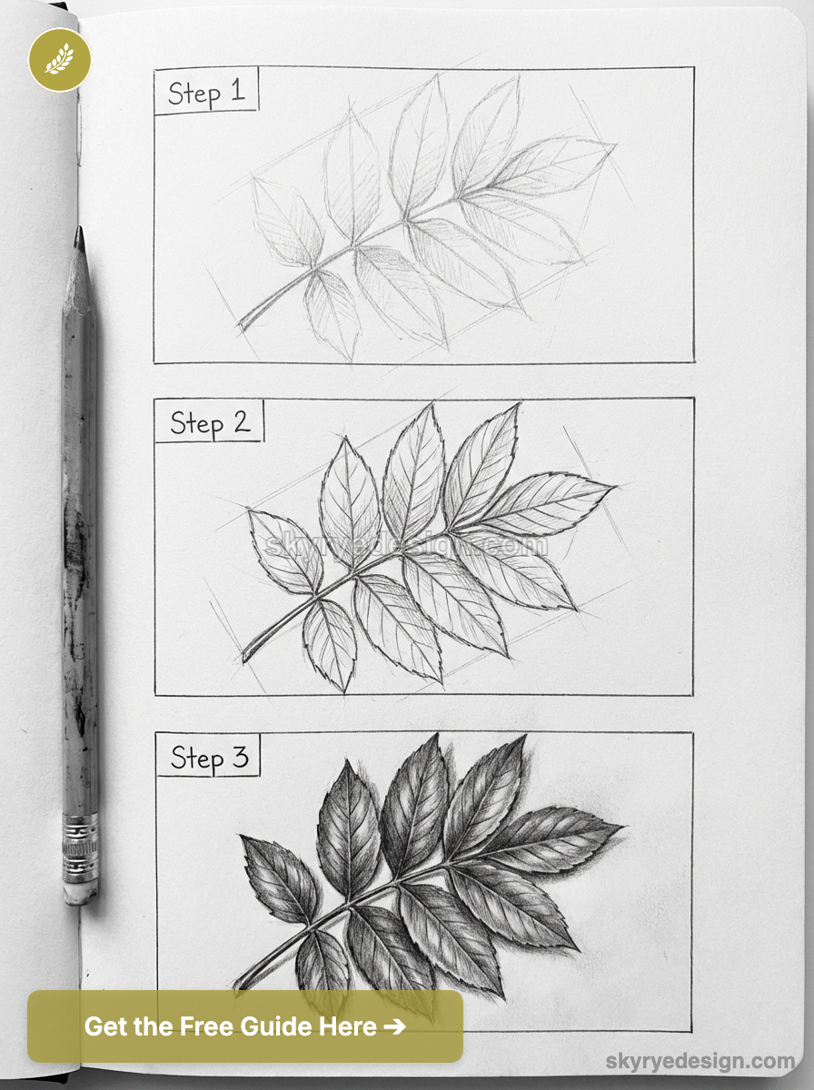 Three-step pencil sketch tutorial showing progressive leaf drawing from rough outline to detailed shaded realism