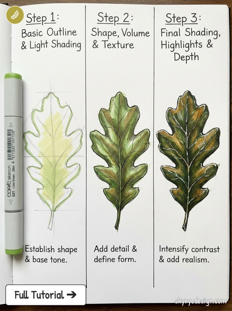 Three-step leaf drawing tutorial in sketchbook showing outline, mid-tone shaping, and final shaded leaf with Copic marker.