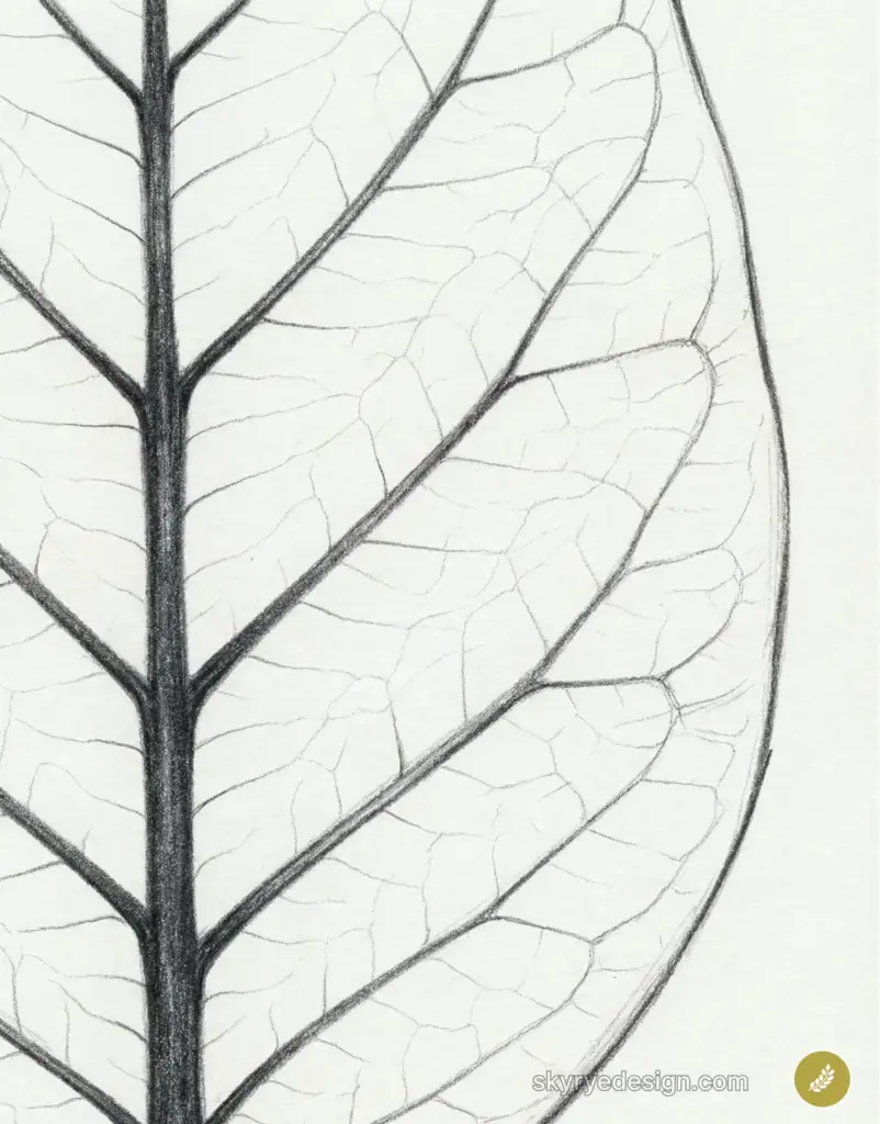 Close-up pencil sketch of a leaf showing dark midrib and branching veins, detailed botanical black-and-white illustration.