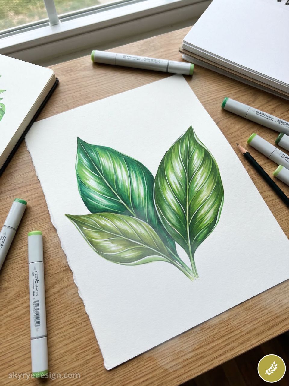 Botanical leaf illustration on white paper with green Copic markers and sketchbook on wooden desk