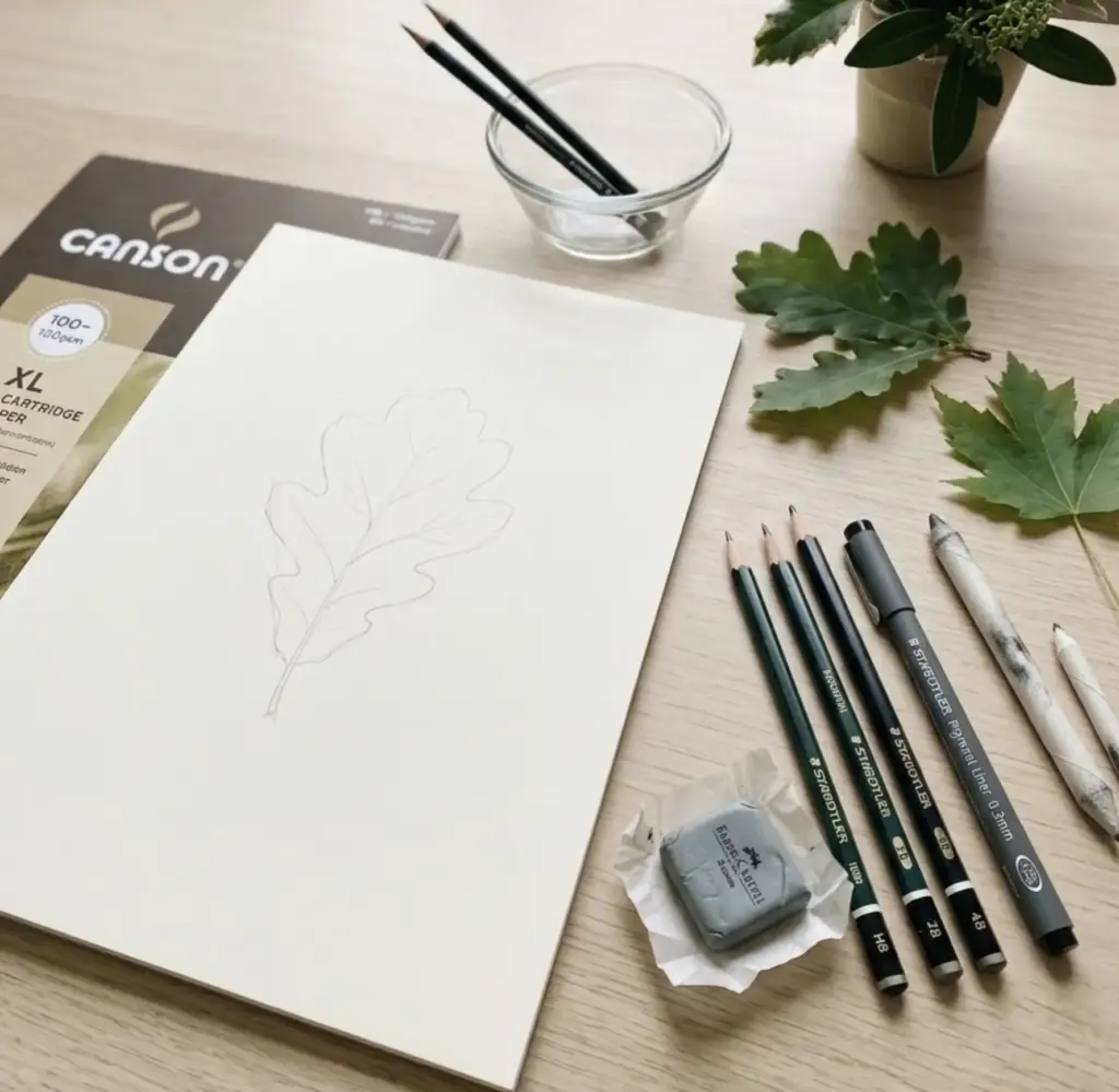 Sketchbook with pencil sketch of an oak leaf, graphite pencils, eraser and real leaves on a wooden desk — drawing supplies