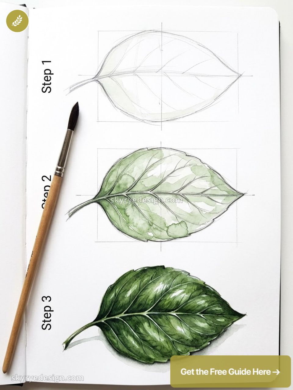 Watercolor leaf tutorial: Step 1 pencil sketch, Step 2 light wash, Step 3 detailed green leaf with paintbrush