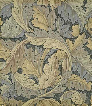 Vintage botanical wallpaper pattern featuring swirling acanthus leaves in muted green, beige and gold tones