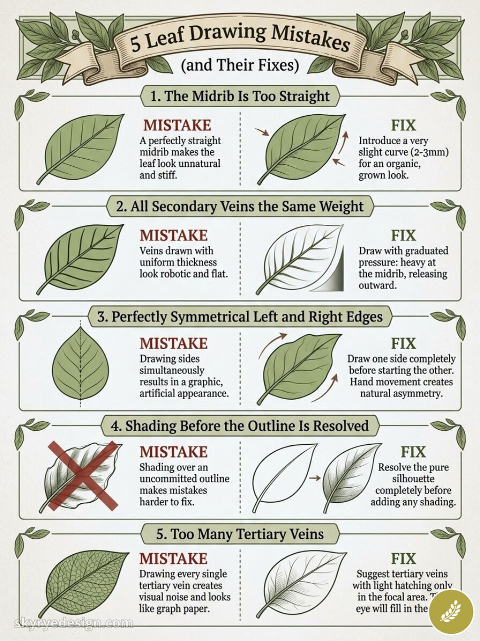 Infographic: 5 leaf drawing mistakes and fixes - midrib, vein weight, symmetry, shading, tertiary veins
