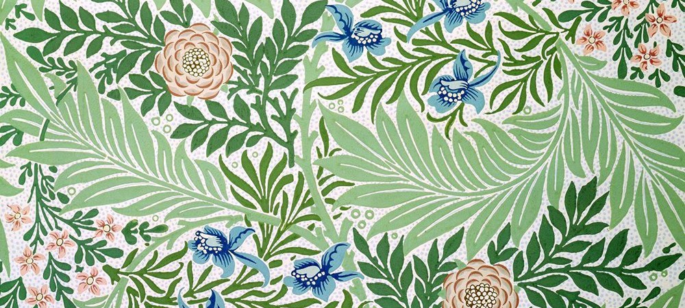 Botanical wallpaper with green palm leaves, blue floral motifs and pink roses on white background