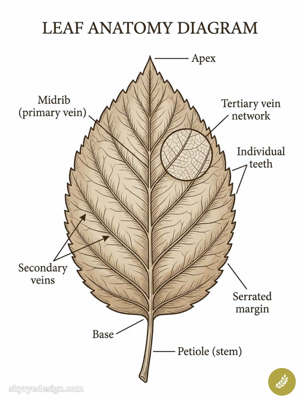 Leaf anatomy diagram showing labeled parts: apex, midrib, secondary veins, tertiary network, serrated margin, petiole.