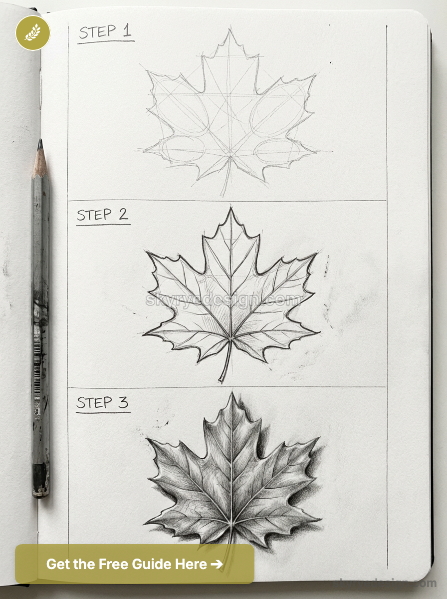 Sketchbook page showing a step-by-step pencil drawing tutorial of a maple leaf: outline, refined lines, and shaded realism.
