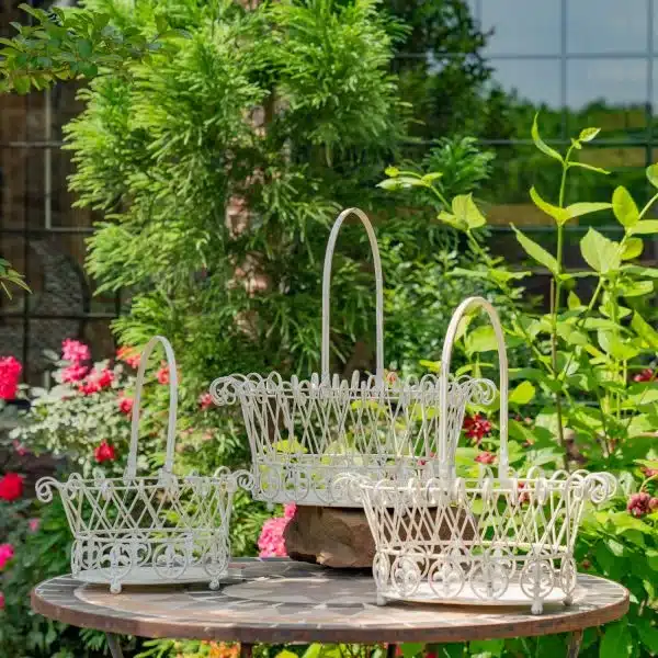 lesera-1 Three decorative iron baskets on a garden table surrounded by lush greenery and vibrant flowers. | Sky Rye Design Three decorative iron baskets on a garden table surrounded by lush greenery and vibrant flowers.
