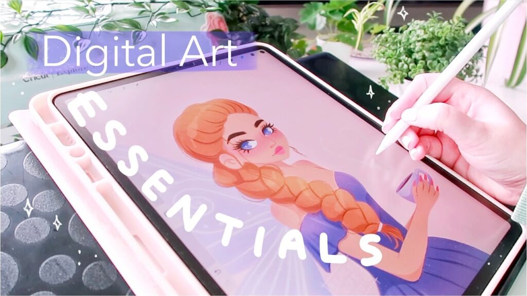 Digital art essentials: Hand drawing on tablet with stylus, surrounded by plants.