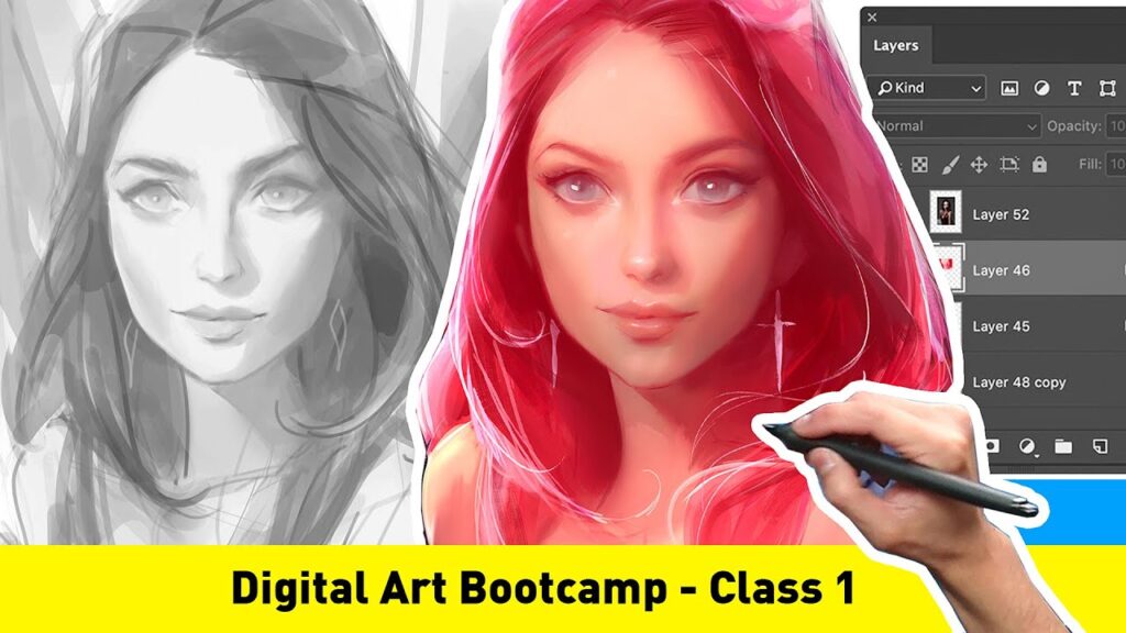 Two digital art portraits: one in greyscale, another in color with layers panel, labeled Digital Art Bootcamp - Class 1.