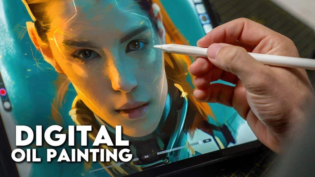 Digital painting on tablet with stylus, showcasing a detailed portrait and text Digital Oil Painting.