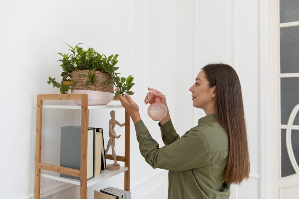 Woman in green shirt watering houseplant on shelf with a spray bottle indoors.